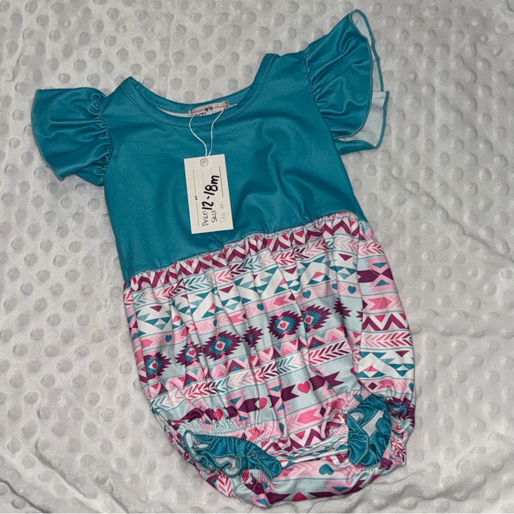 Pete and lucy Teal and Patterned Baby Romper